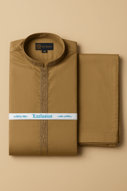 Men's shalwar kameez suit with embroidered banded collar and matching fabric,