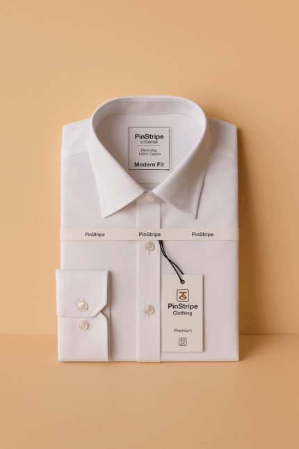A crisp, folded white long-sleeve men's dress shirt with a visible collar, buttons, and a brand tag on the sleeve, presented on a light background.