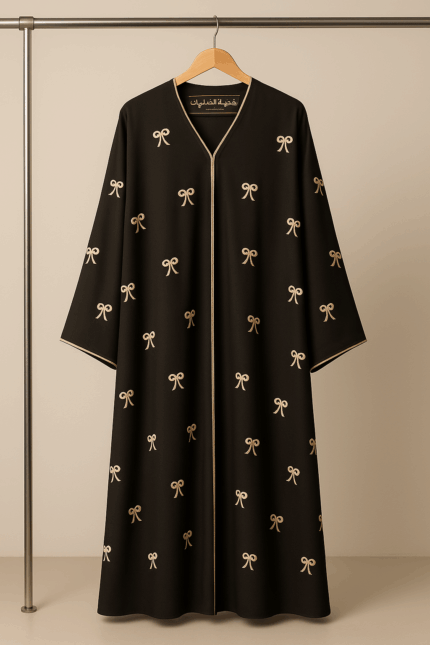 A black abaya with long sleeves, featuring numerous small, light-colored bow embroidery details scattered across the garment, and light-colored piping along the neckline and sleeve cuffs.