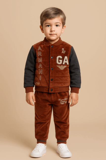 A young boy wearing a brown full-zip jacket with navy sleeves and matching brown trousers, featuring a "GA" logo on the chest.