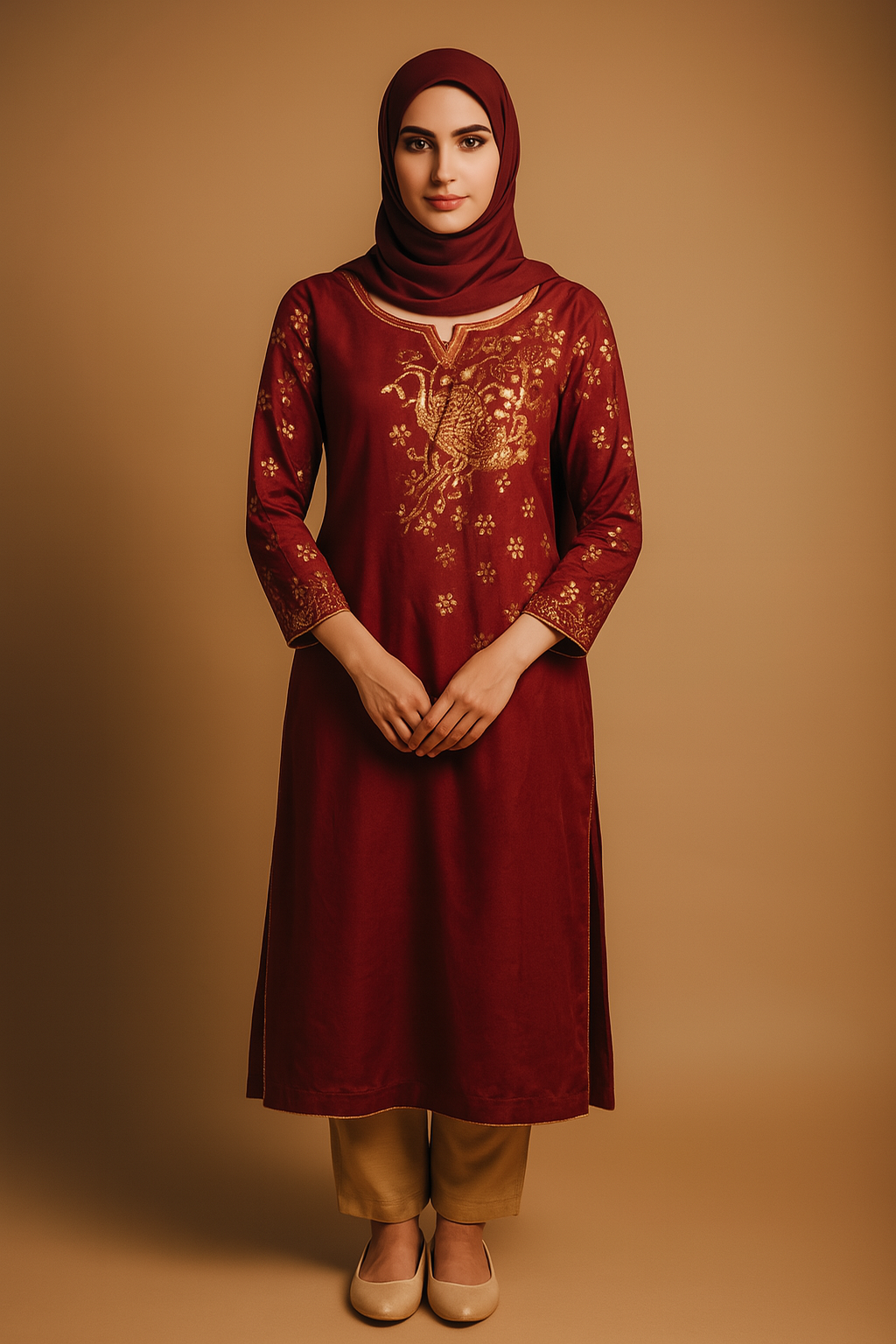 Deep Maroon Hand Painted Qameez with Intricate Golden Floral Art Work