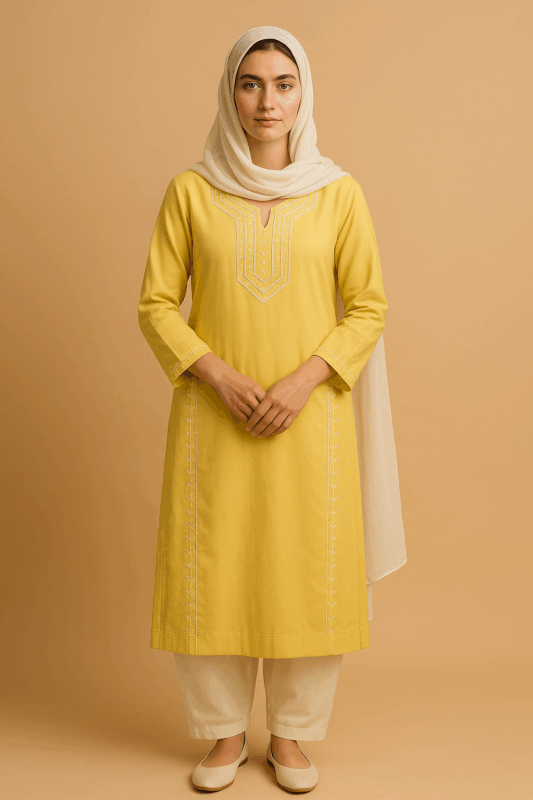 A-line kurta with hand embroidery on the neckline and cuffs, paired with light-white shalwar and a matching dupatta.