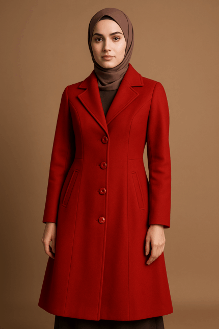 Woman wearing a red coat and hijab.