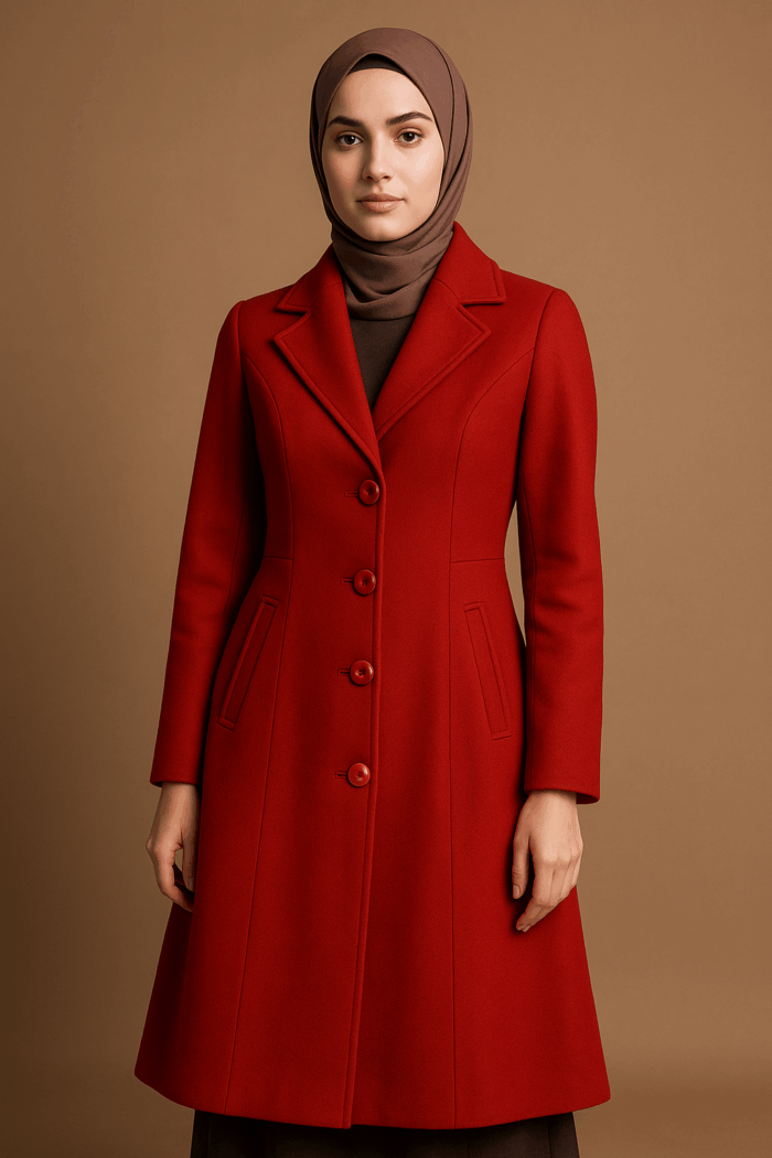 Woman wearing a red coat and hijab.