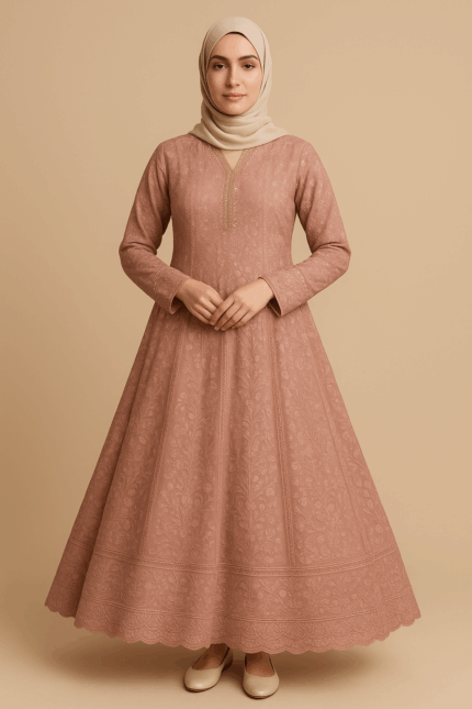  A woman wearing a long-sleeved, modest, floor-length dress and a matching trouser and organza dupatta in a light purple color.