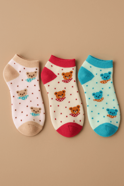 Three pairs of ladies' ankle socks, each featuring a cute cartoon bear design and small polka dots. The socks are in different color combinations: one with a beige heel and toe, another with a red heel and toe, and a third with a light blue heel and toe.