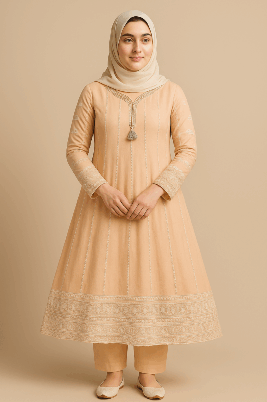  A woman in a light-colored traditional South Asian kurta set with intricate embroidery and a matching dupatta.