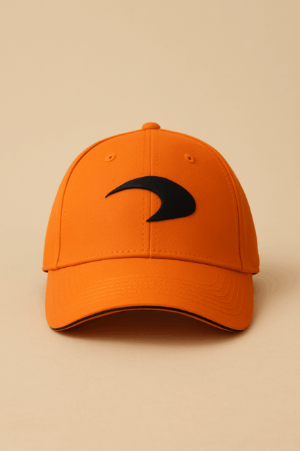 Orange baseball cap with a black logo on the front.