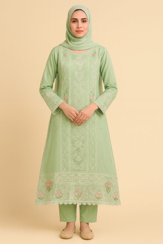 A woman wearing a light green embroidered Pakistani-style A-line shirt and trousers