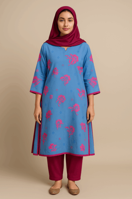 Blue Blossom Hand-Painted Kurta