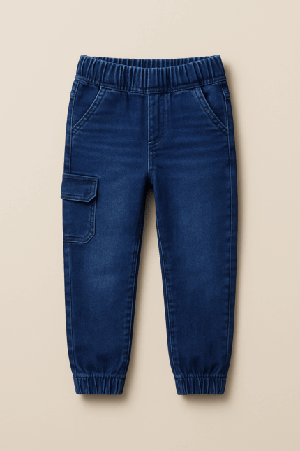 A blue denim cargo jogger pants for toddlers with an elastic waistband and side cargo pocket.