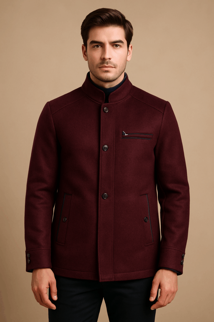  Man in maroon stand-collar jacket.