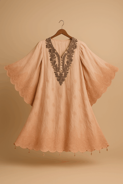A light peach-colored dress with a wide V-neckline featuring elaborate dark brown embroidery and wide, flowing bell sleeves with scalloped edges,