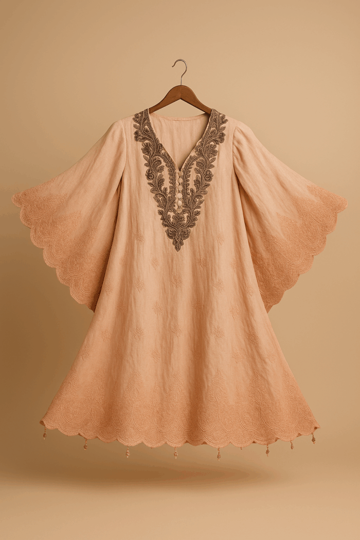 A light peach-colored dress with a wide V-neckline featuring elaborate dark brown embroidery and wide, flowing bell sleeves with scalloped edges,