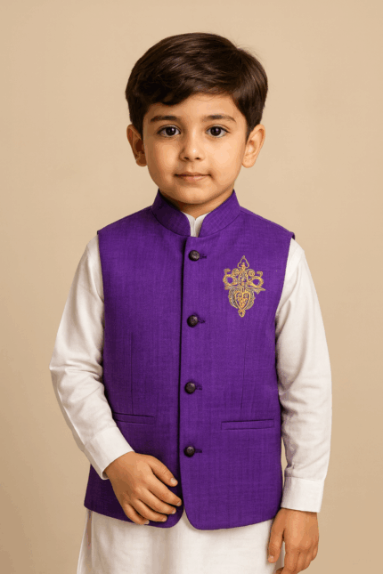  A young boy wearing a vibrant purple sleeveless waistcoat with a mandarin collar and gold embroidery on the chest, over a white long-sleeved kurta.