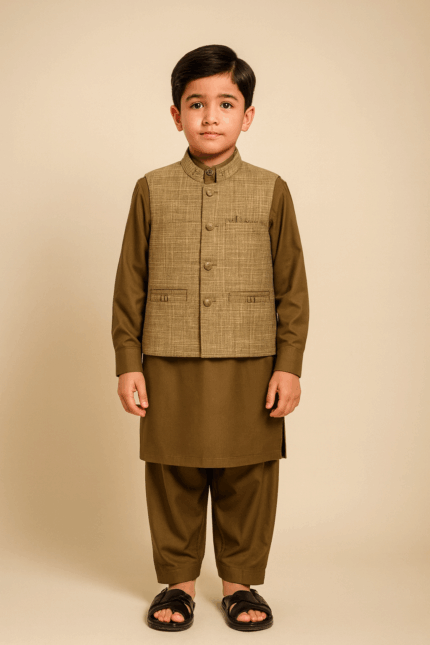 Boys' Olive Kameez Shalwar with Textured Beige Waistcoat