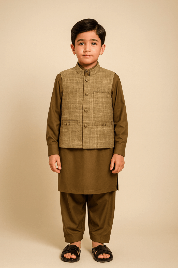 Boys' Olive Kameez Shalwar with Textured Beige Waistcoat