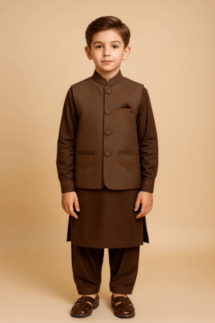 Classic Brown Boys' Kameez Shalwar with Embroidered Waistcoat