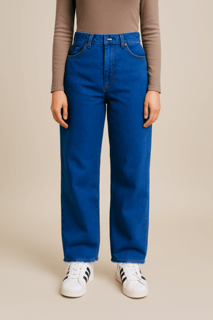  A person stands wearing mid-rise, straight-leg indigo blue jeans and a long-sleeved brown top.