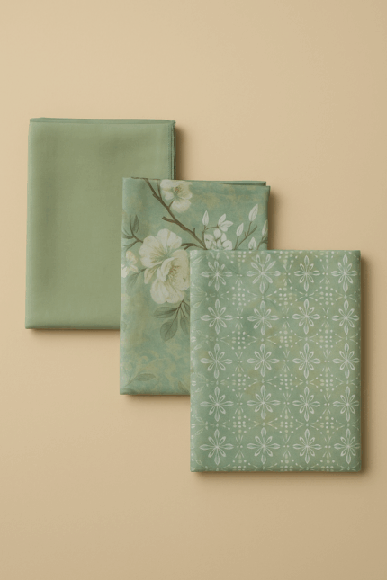 Three folded fabric pieces in varying shades of green, including a solid green, a floral pattern, and a geometric pattern.
