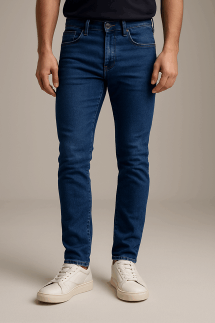 A full-length dark blue slim-fit jeans.