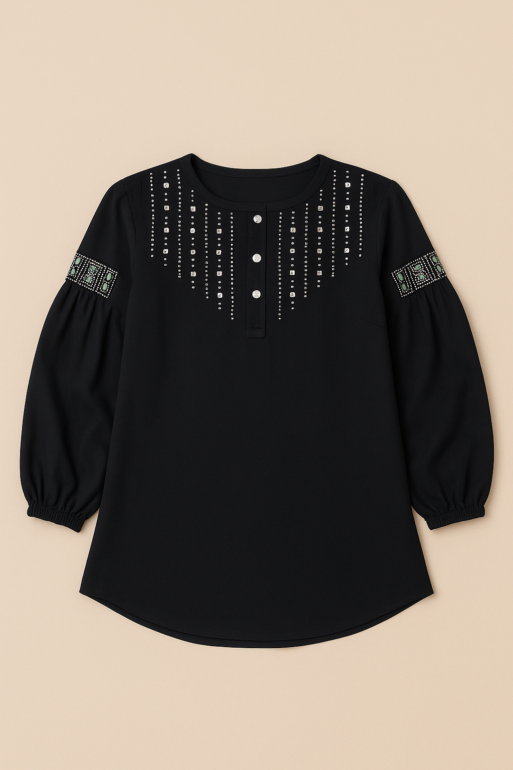 A black long-sleeved tunic top with embroidered details on the yoke and patterned accents on the puffed sleeves.