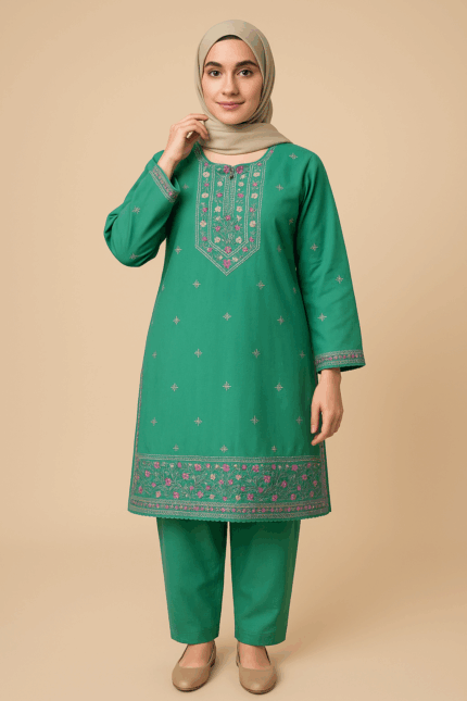 A green embroidered lawn sui
