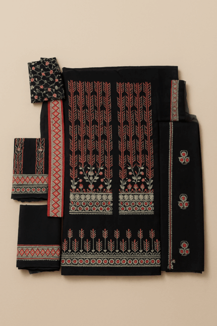  Black cotton unstitched dress material by Kami Kubi with geometric and floral prints in red, white and black,