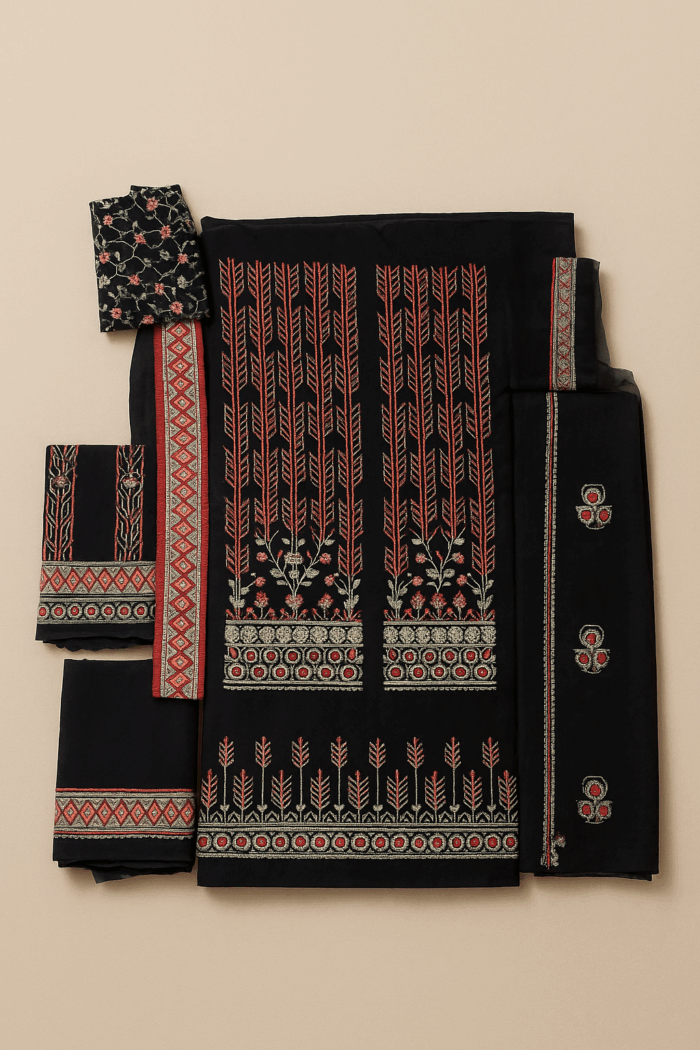  Black cotton unstitched dress material by Kami Kubi with geometric and floral prints in red, white and black,