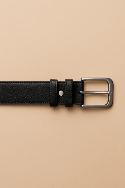 A leather belt with a silver buckle on a beige background.