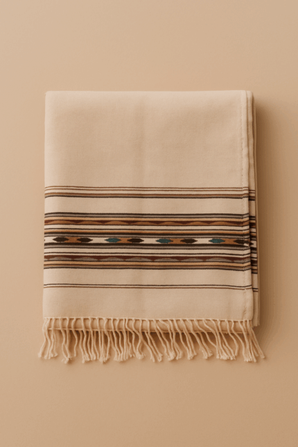  A folded, cream-colored wool shawl with horizontal stripes in shades of brown, red, and blue near the bottom, and a fringed edge.
