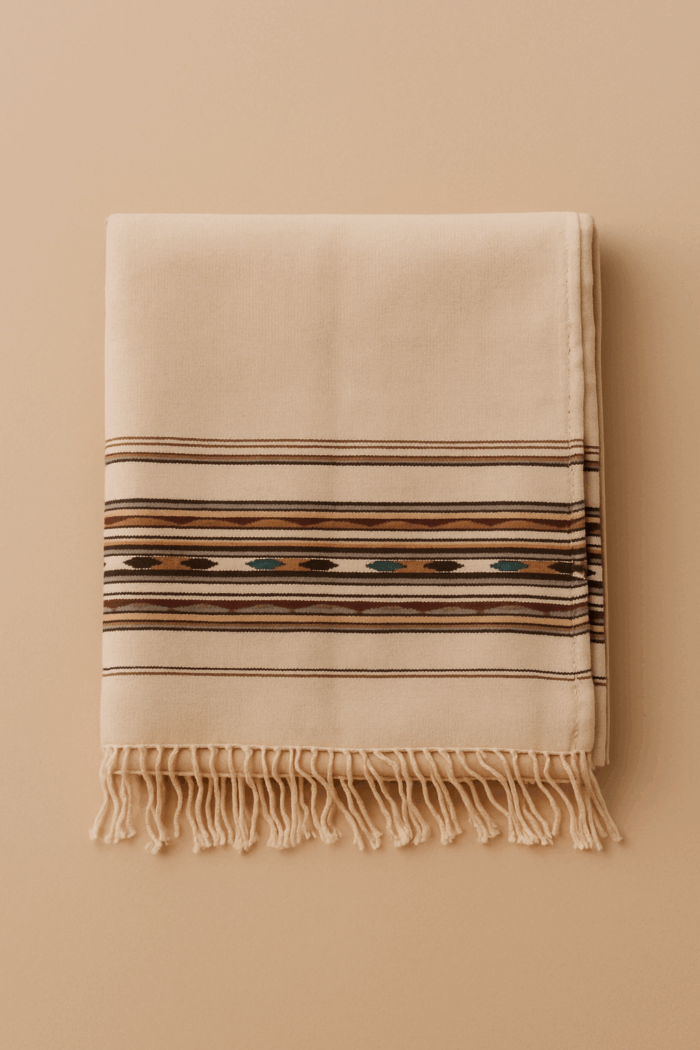  A folded, cream-colored wool shawl with horizontal stripes in shades of brown, red, and blue near the bottom, and a fringed edge.