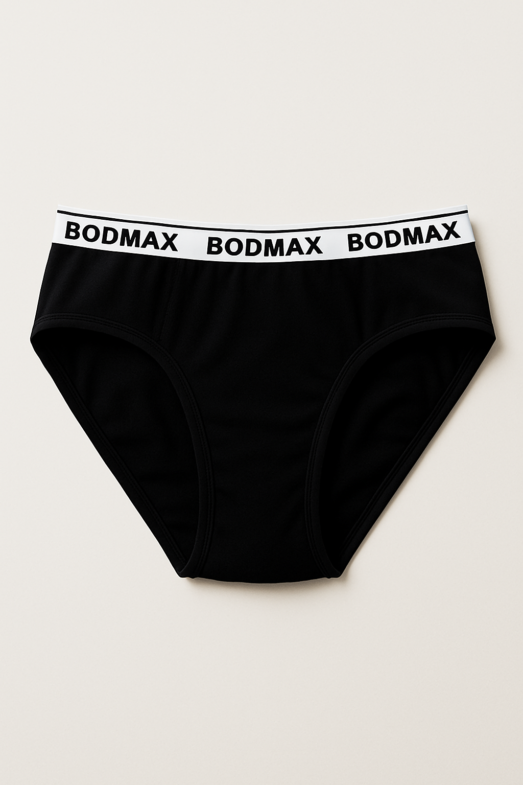 A black brief with a white waistband featuring the repeating brand name "BODMAX" .