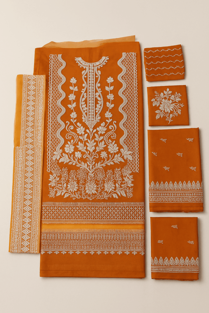 An orange unstitched fabric dress material with intricate white embroidery, including a heavily embroidered neckline and floral patterns, accompanied by matching embroidered panels for sleeves and borders
