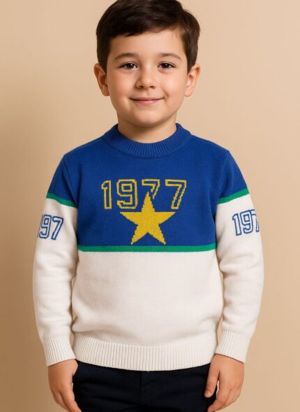 A young boy wearing a blue, green, and off-white color-block sweater with a yellow star and the number "1977" on the chest, and "97" on the sleeves.