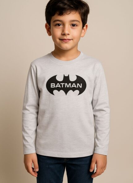 A light grey long-sleeved t-shirt with a prominent black Batman logo and "BATMAN" text printed on the front.