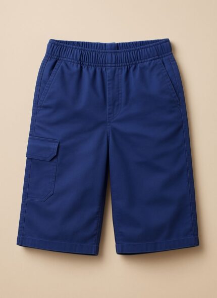A pair of navy blue boys' cargo shorts with an elastic waistband and a cargo pocket on the left leg.
