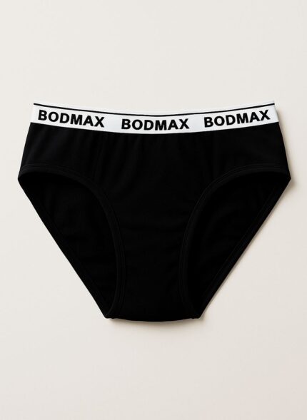 A black brief with a white waistband featuring the repeating brand name "BODMAX"