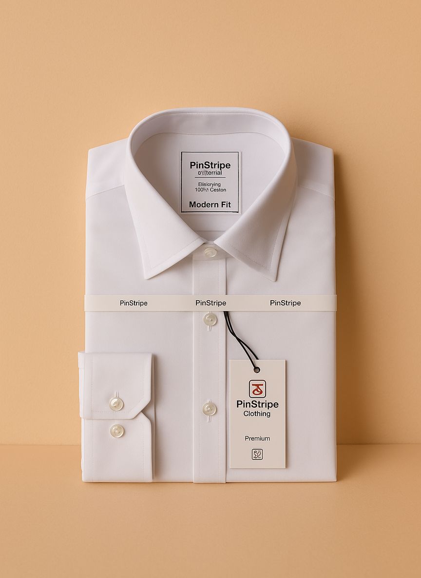 Men’s Classic White Dress Shirt A crisp, folded white long-sleeve men's dress shirt with a visible collar, buttons, and a brand tag on the sleeve, presented on a light background.