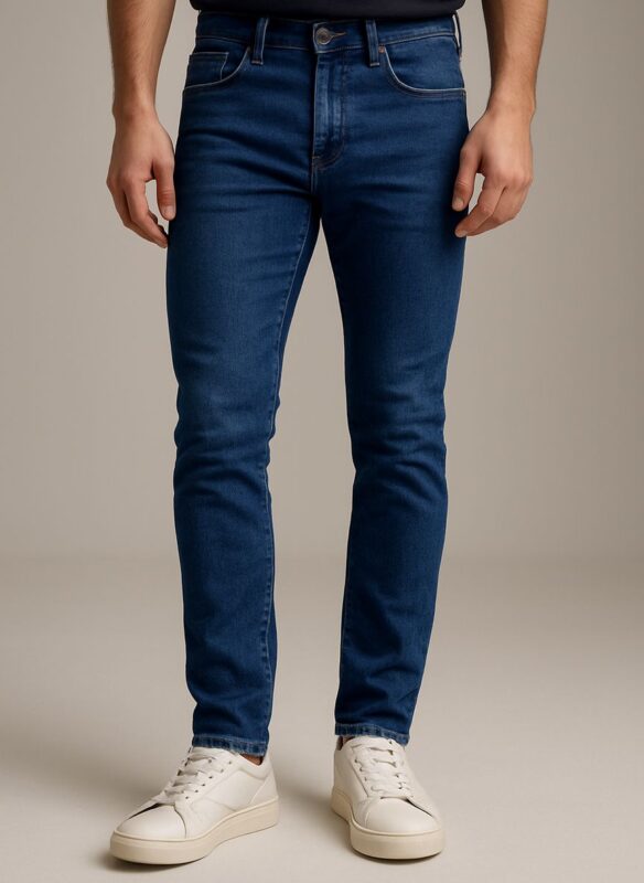A full-length dark blue slim-fit jeans.