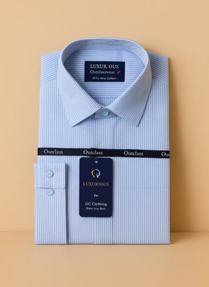  A light blue men's dress shirt with fine vertical stripes, folded neatly on a light brown surface.