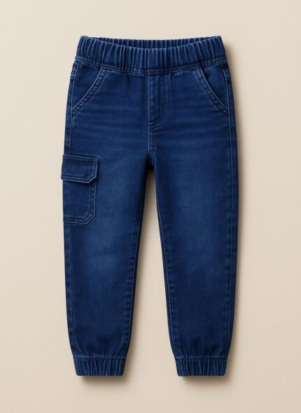 A blue denim cargo jogger pants for toddlers with an elastic waistband and side cargo pocket.