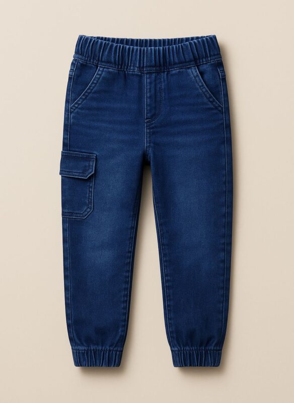A blue denim cargo jogger pants for toddlers with an elastic waistband and side cargo pocket.