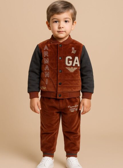 A young boy wearing a brown full-zip jacket with navy sleeves and matching brown trousers, featuring a "GA" logo on the chest.