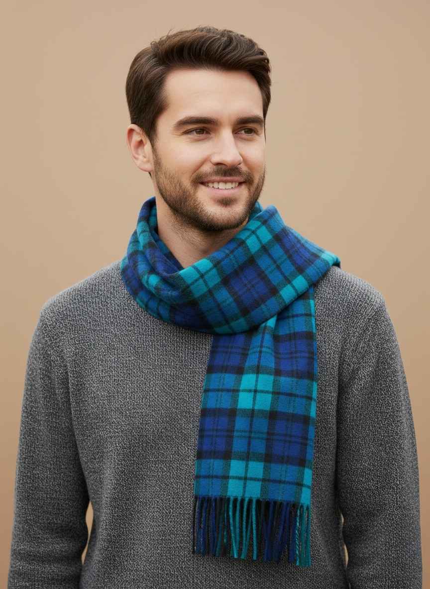 the Blue and Green Plaid Muffler - Classic Winter Accessory Close-up of a smiling model wearing a soft, blue and green plaid muffler over a grey turtleneck sweater,