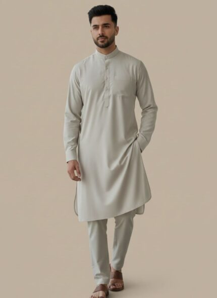 Beige Men's Traditional Suit (Shalwar Kameez) on a light background, classic fit kurta with band collar, button placket, and matching trousers