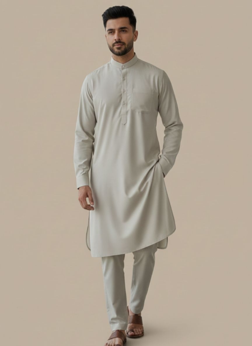 Beige Men's Traditional Suit (Shalwar Kameez) on a light background, classic fit kurta with band collar, button placket, and matching trousers