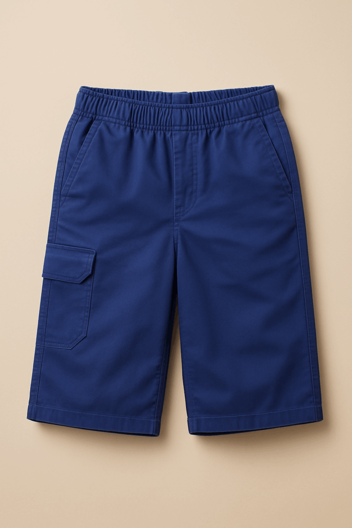 A pair of navy blue boys' cargo shorts with an elastic waistband and a cargo pocket on the left leg.