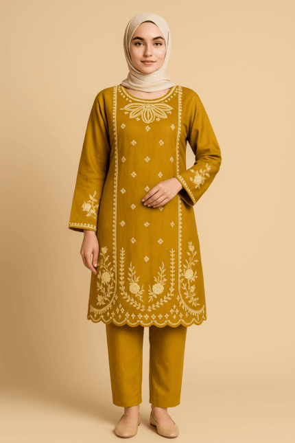 A mustard embroidered lawn suit