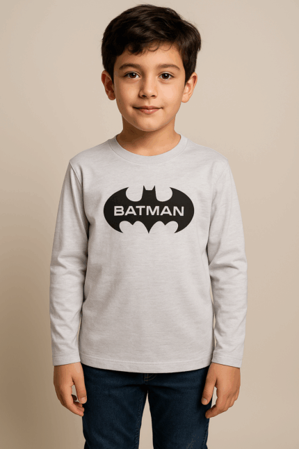 A light grey long-sleeved t-shirt with a prominent black Batman logo and "BATMAN" text printed on the front.